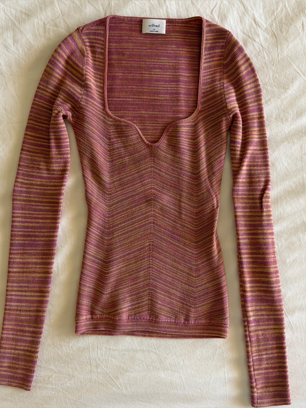 Women’s Pink/Orange/Brwn striped Longsleeve with square/sweetheart neckline